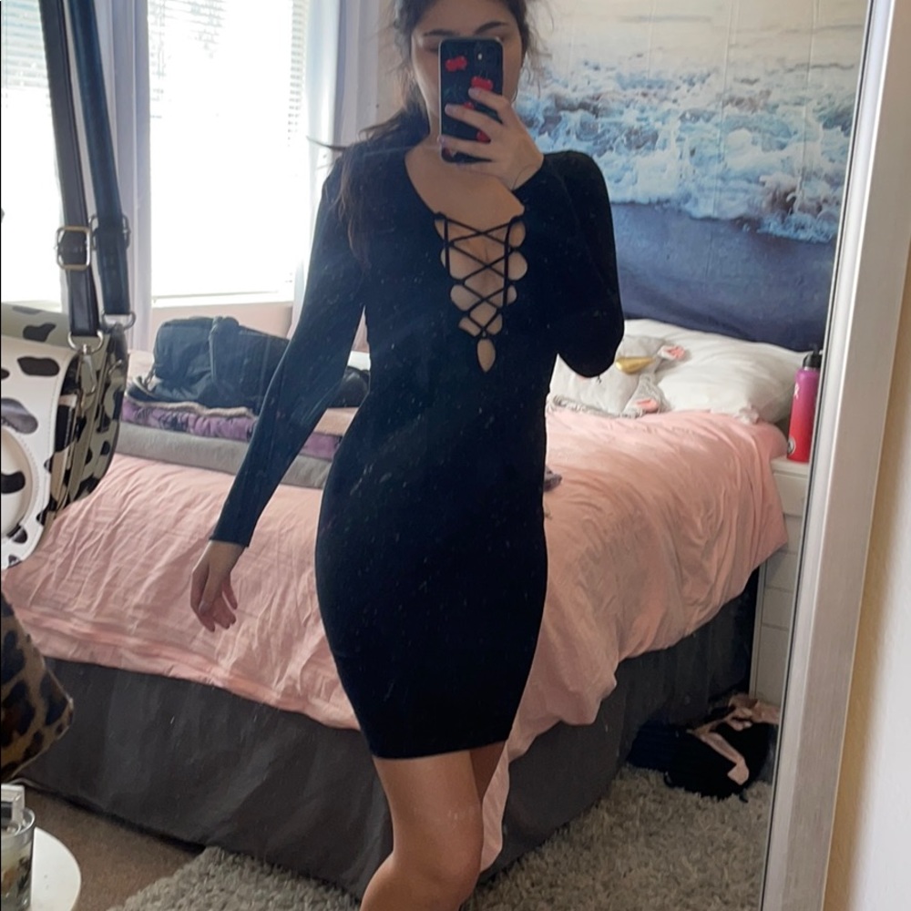 midi length black lace up front sexy dress
